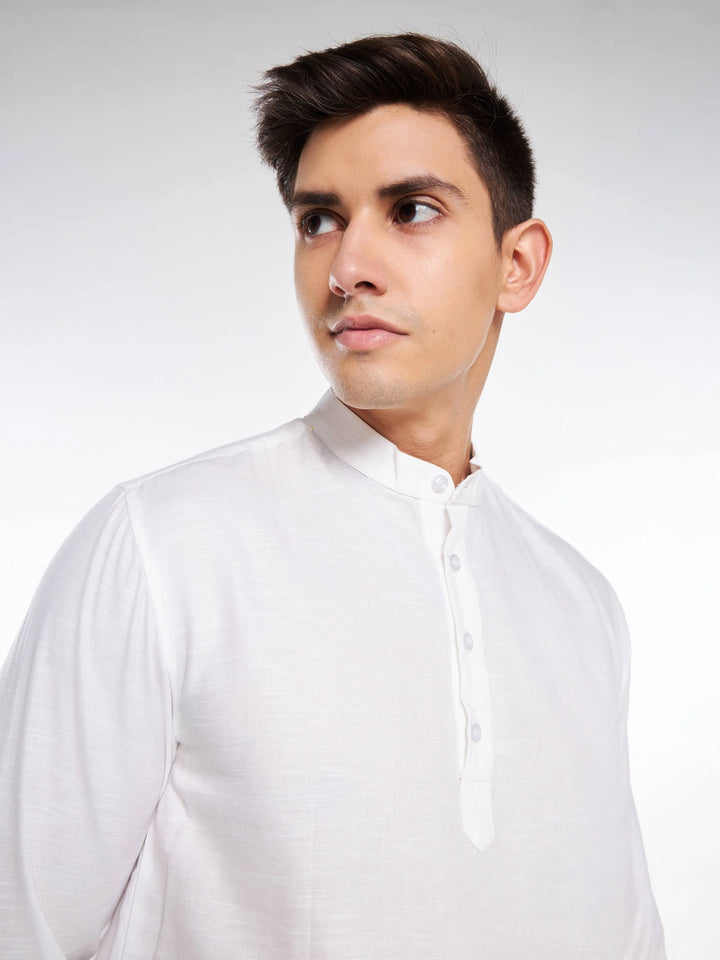 Mandarin Collar Full Sleeve Linen Short Kurta - White Mankright