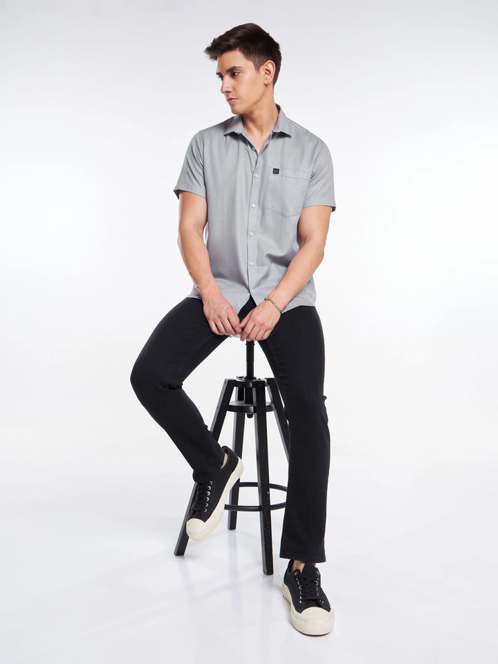 Linen Half Sleeve Classic Collar Shirt - Grey Mankright