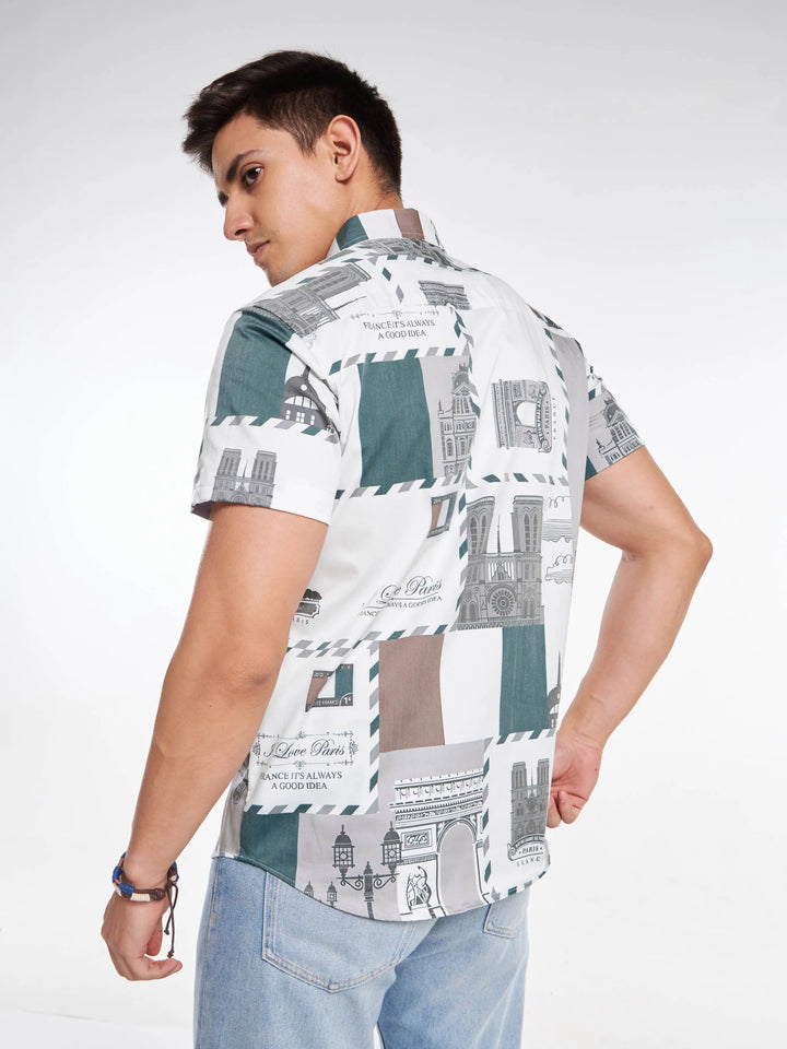 Paris Print Half Sleeve Shirt Light Green Mankright