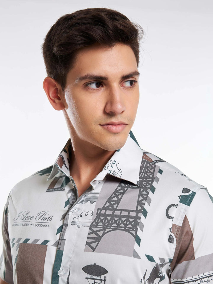 Paris Print Half Sleeve Shirt Light Green Mankright