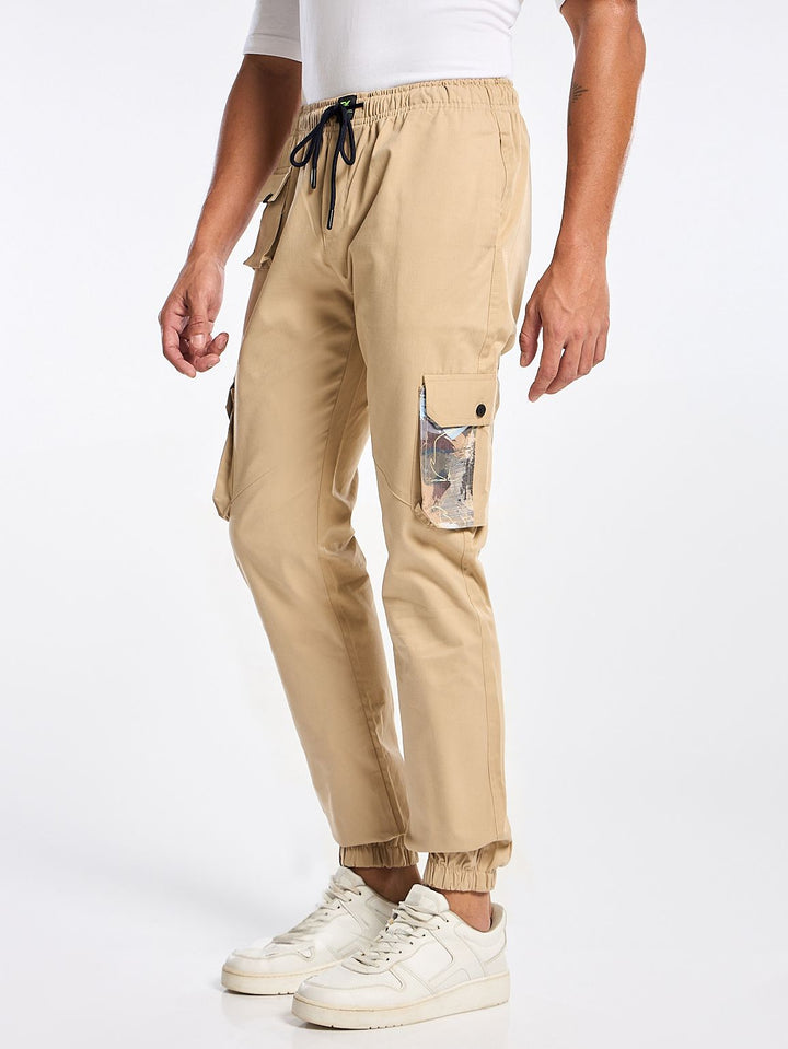 Beige Solid Cargo Jogger for Men Mankright