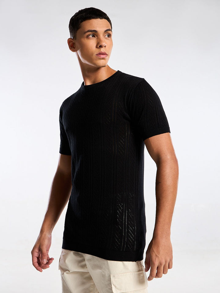 Emerald Knit Black Round Neck T-Shirt Mankright