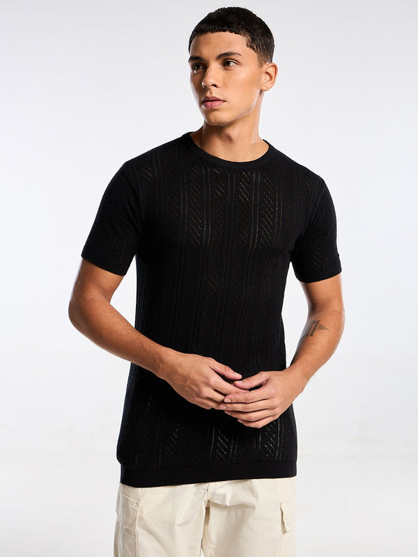 Emerald Knit Black Round Neck T-Shirt Mankright