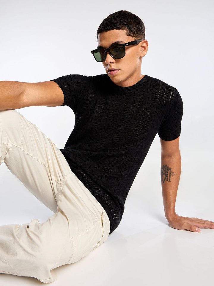 Emerald Knit Black Round Neck T-Shirt Mankright