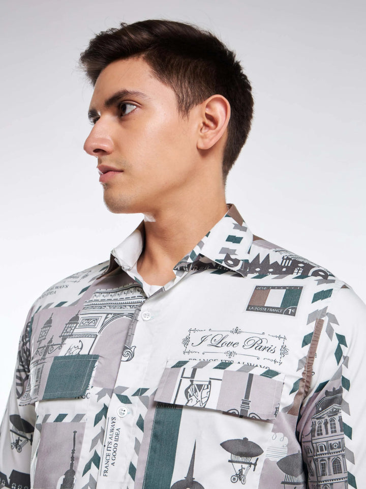 Paris Print Full Sleeve Shirt Light Green Mankright