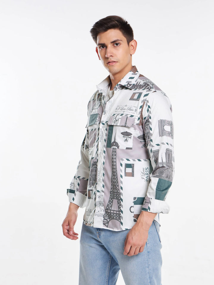 Paris Print Full Sleeve Shirt Light Green Mankright