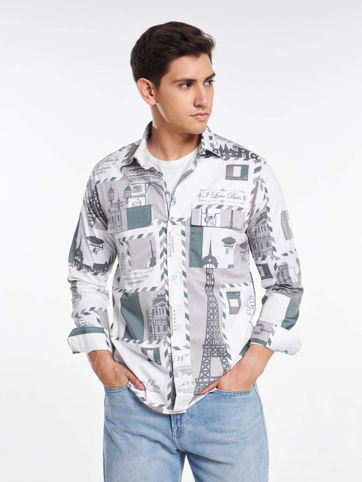 Paris Print Full Sleeve Shirt Light Green Mankright