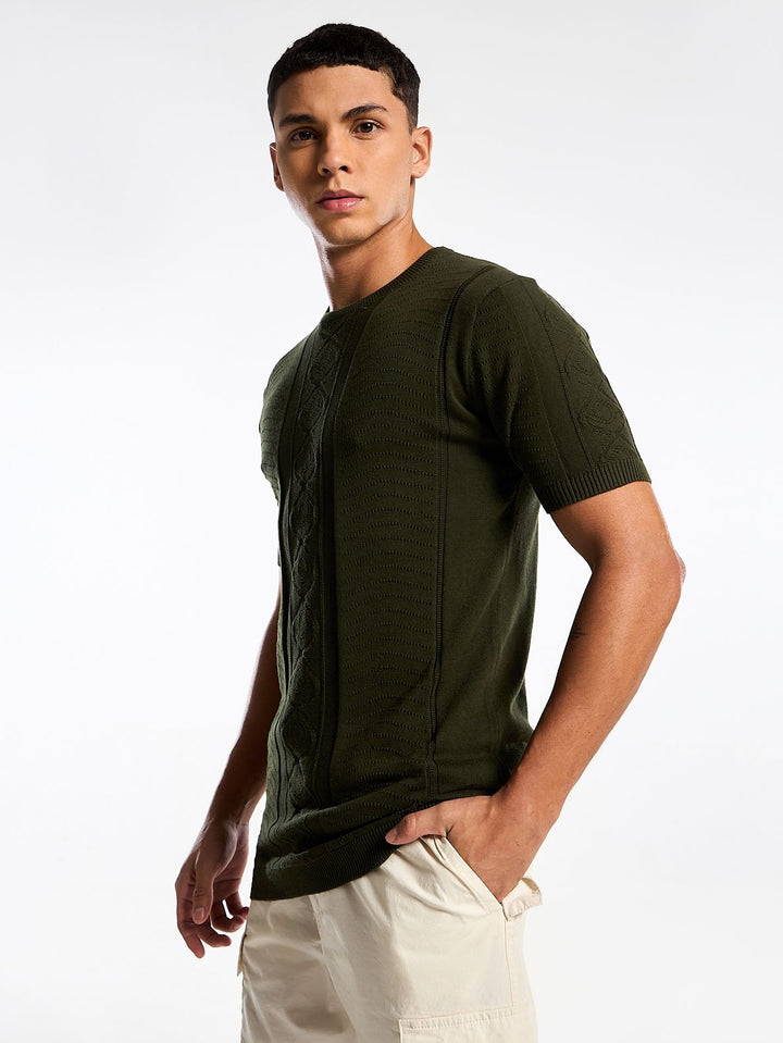 Diamond Swirl Knit Green Round Neck T-Shirt Mankright