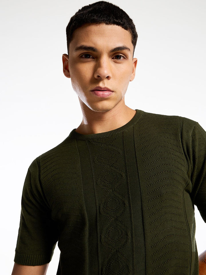 Diamond Swirl Knit Green Round Neck T-Shirt Mankright