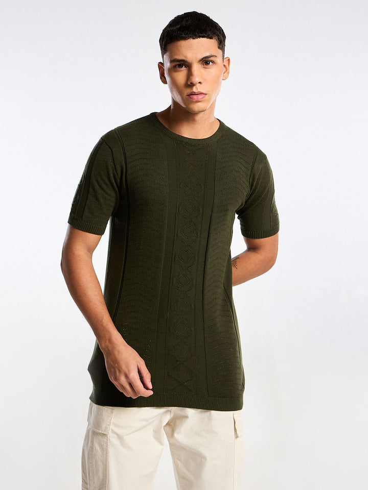 Diamond Swirl Knit Green Round Neck T-Shirt Mankright