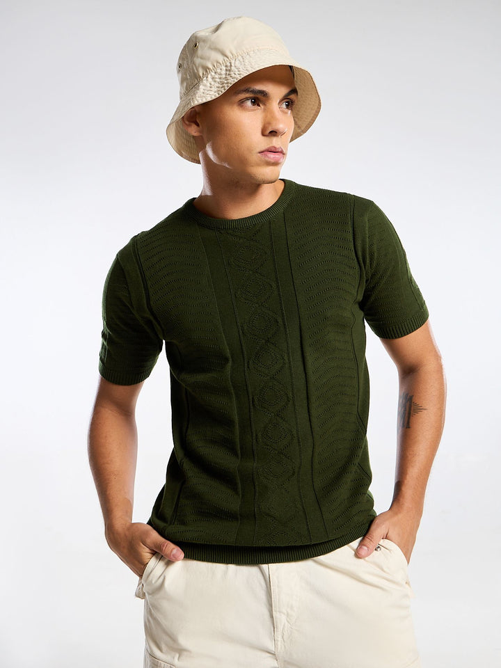 Diamond Swirl Knit Green Round Neck T-Shirt Mankright