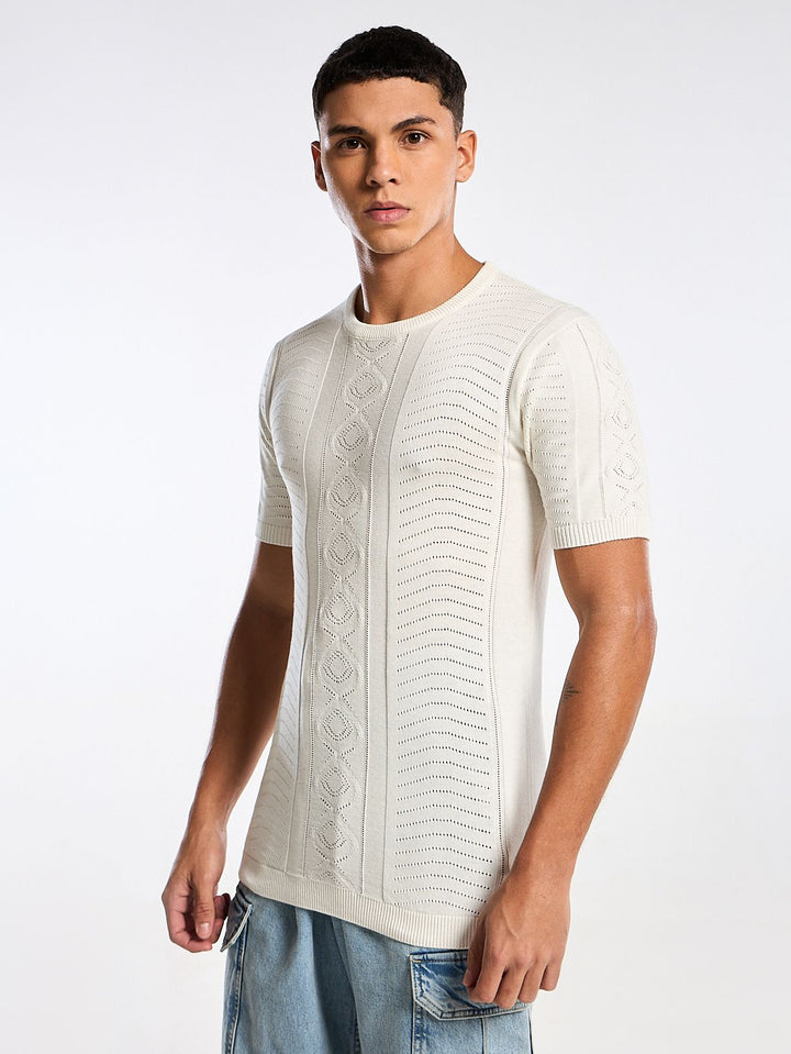 Diamond Swirl Knit White Round Neck T-Shirt Mankright