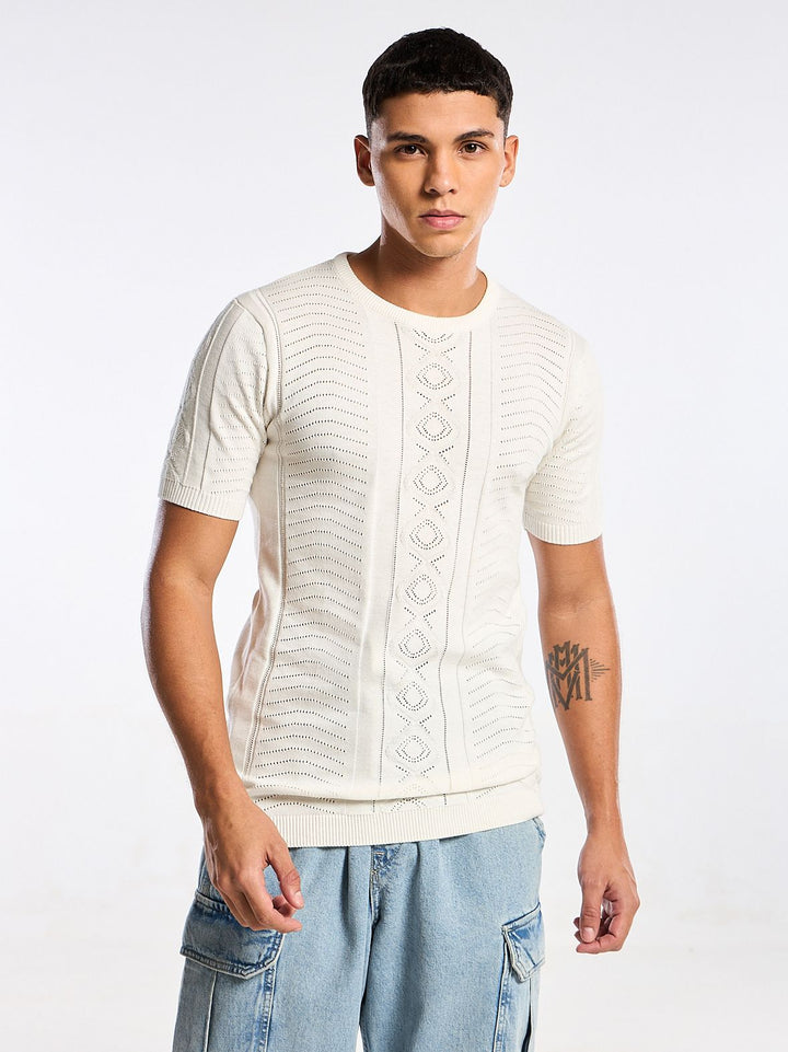 Diamond Swirl Knit White Round Neck T-Shirt Mankright