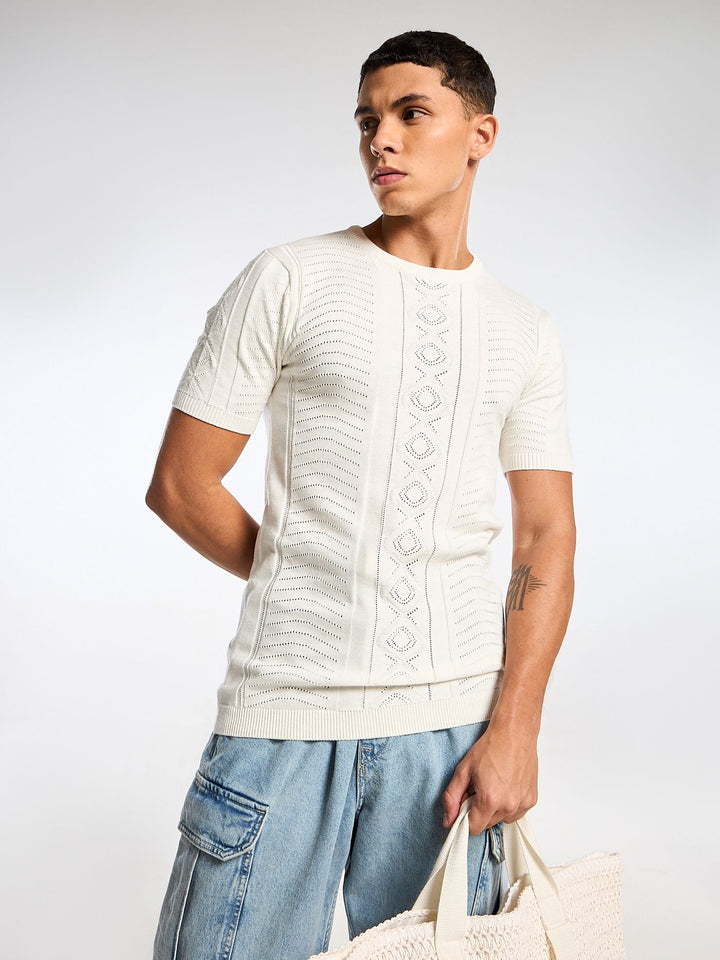 Diamond Swirl Knit White Round Neck T-Shirt Mankright