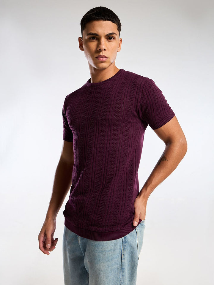 Emerald Knit Dark Purple Round Neck T-Shirt Mankright