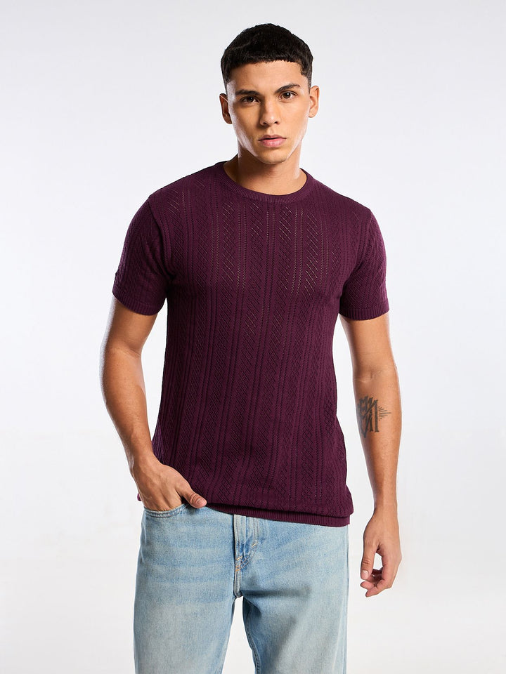 Emerald Knit Dark Purple Round Neck T-Shirt Mankright