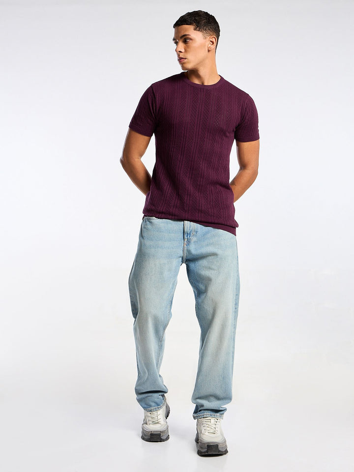 Emerald Knit Dark Purple Round Neck T-Shirt Mankright