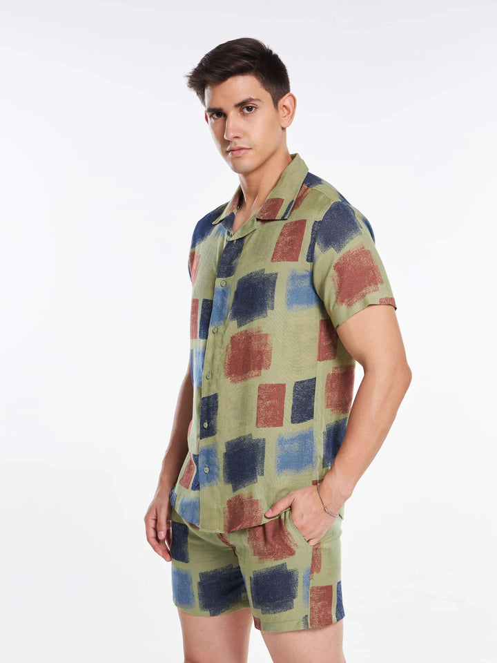 Brown Blue Color Block Abstract Men's Co-ord Set Mankright