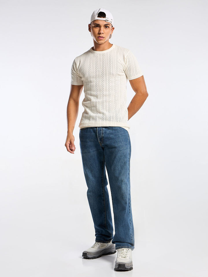 Emerald Knit White Round Neck T-Shirt Mankright