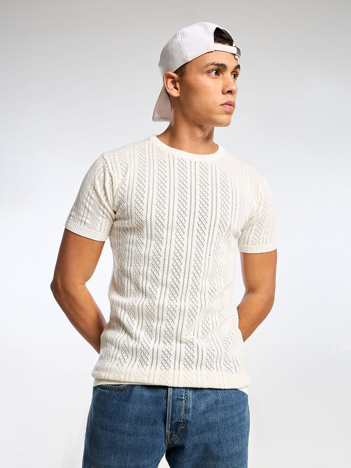 Emerald Knit White Round Neck T-Shirt Mankright