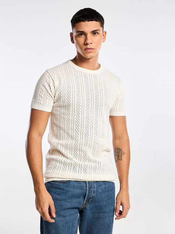 Emerald Knit White Round Neck T-Shirt Mankright