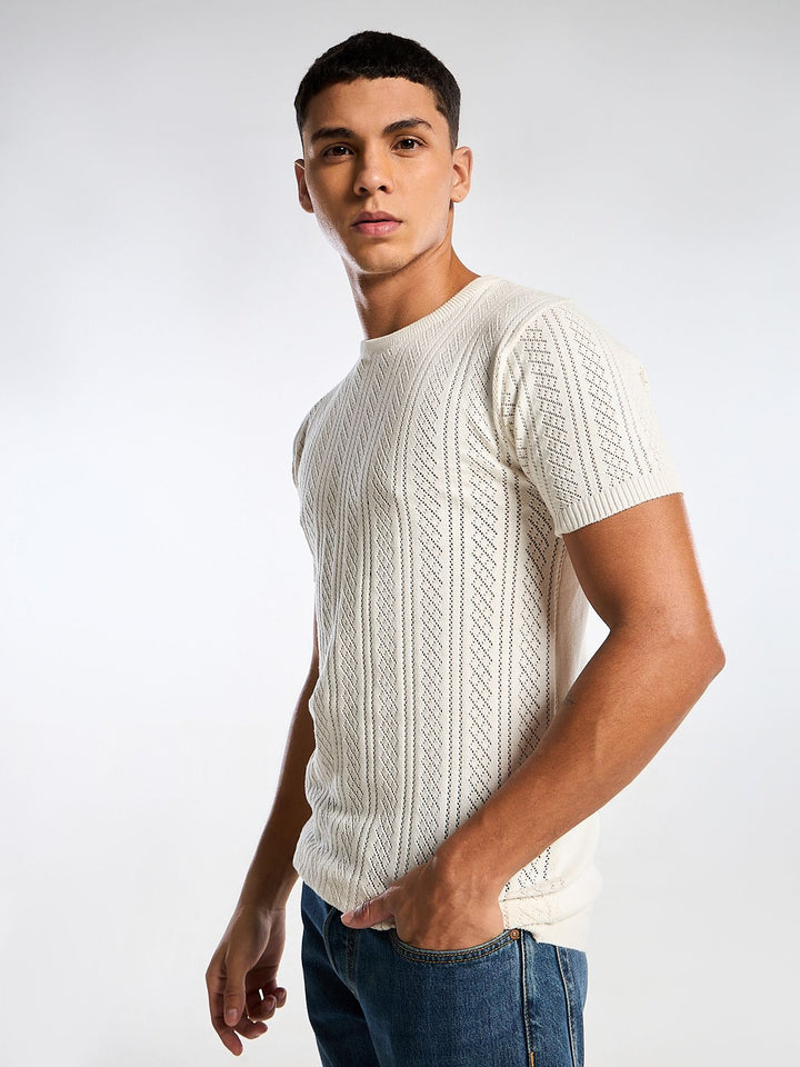 Emerald Knit White Round Neck T-Shirt Mankright