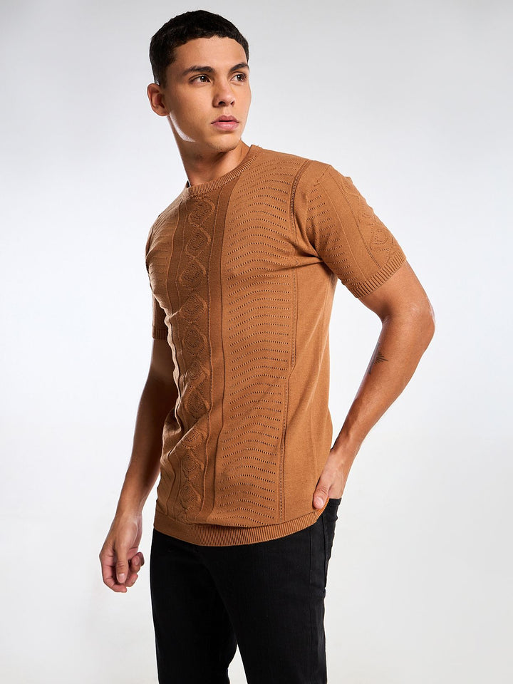 Diamond Swirl Knit Orange Round Neck T-Shirt Mankright