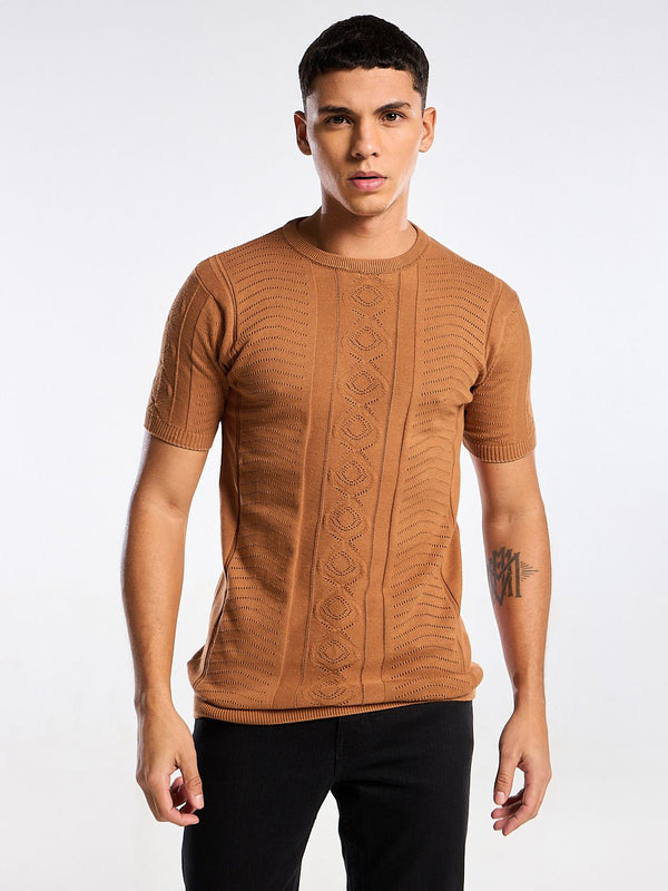 Diamond Swirl Knit Orange Round Neck T-Shirt Mankright