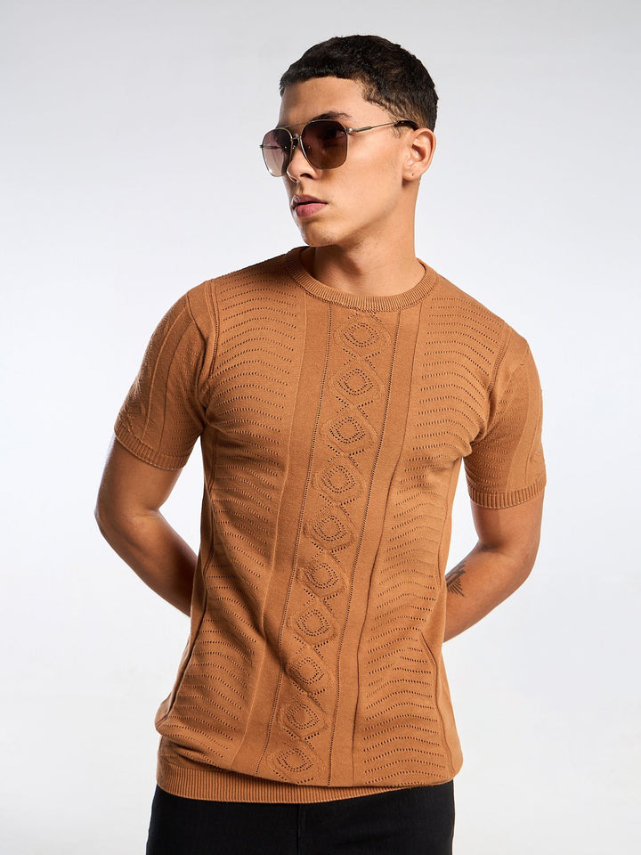 Diamond Swirl Knit Orange Round Neck T-Shirt Mankright