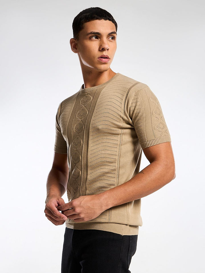 Diamond Swirl Knit Brown Round Neck T-Shirt Mankright