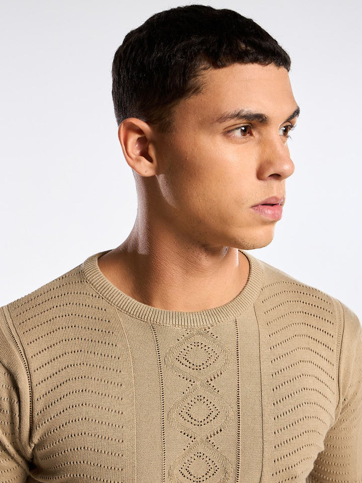 Diamond Swirl Knit Brown Round Neck T-Shirt Mankright