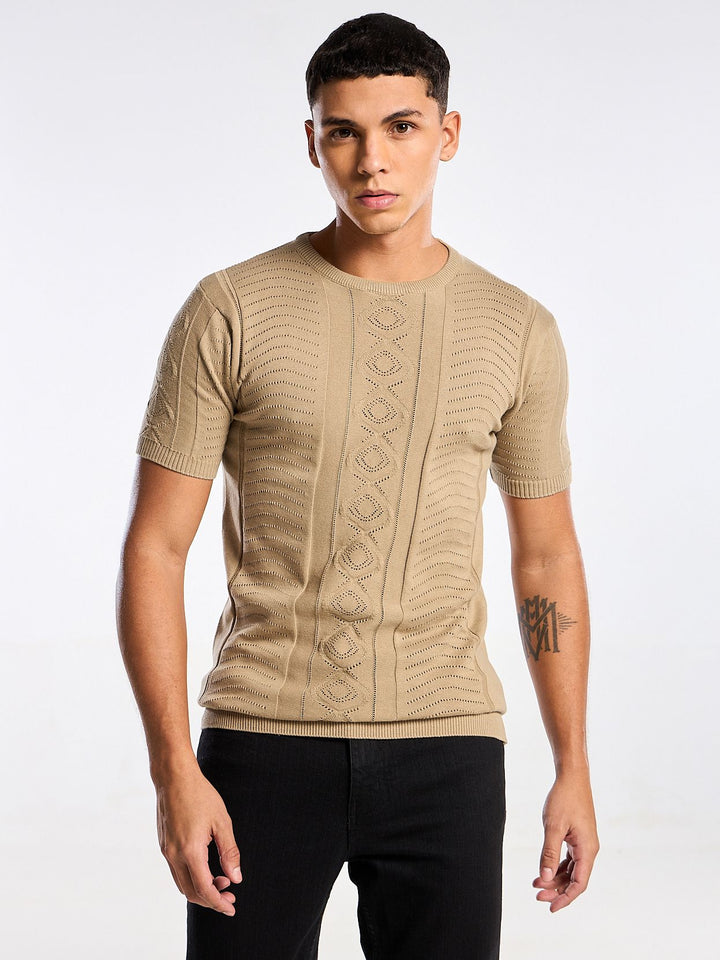 Diamond Swirl Knit Brown Round Neck T-Shirt Mankright