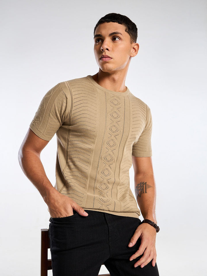 Diamond Swirl Knit Brown Round Neck T-Shirt Mankright