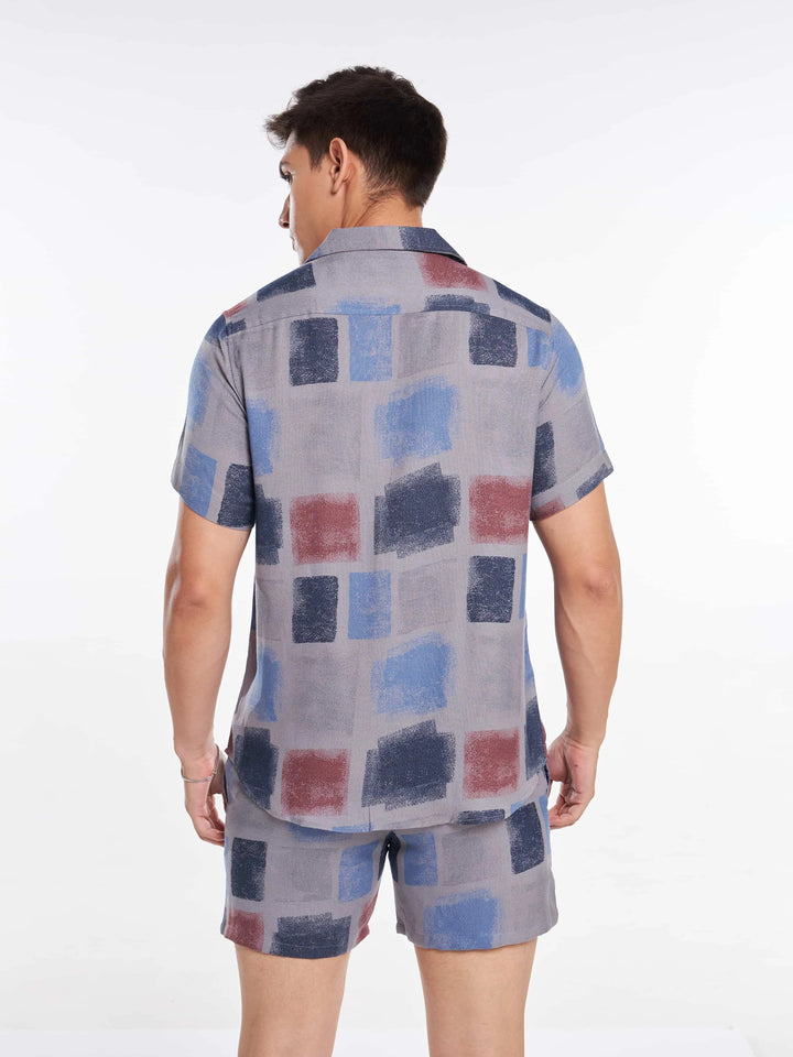 Sky Blue Brown Color Block Abstract Men's Co-ord Set Mankright