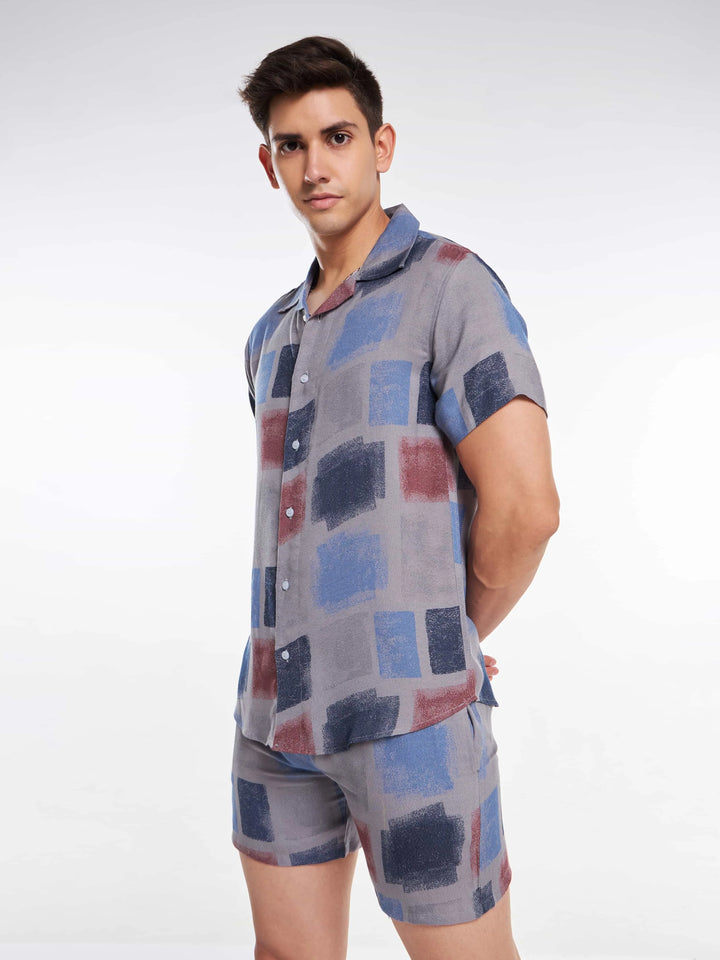 Sky Blue Brown Color Block Abstract Men's Co-ord Set Mankright