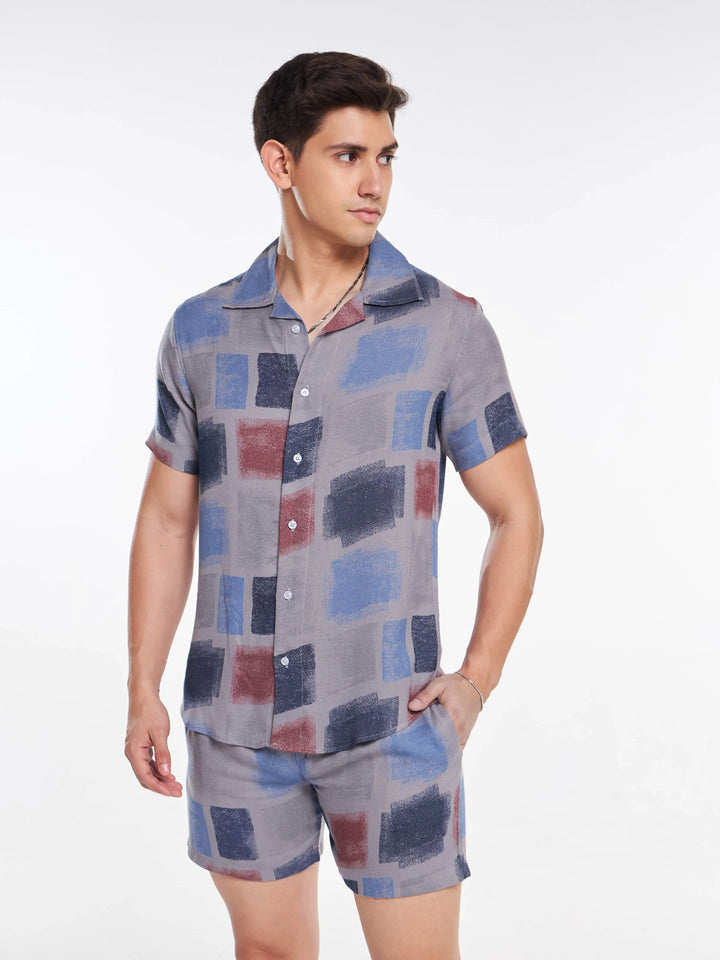 Sky Blue Brown Color Block Abstract Men's Co-ord Set Mankright