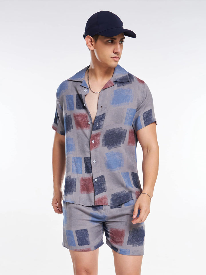 Sky Blue Brown Color Block Abstract Men's Co-ord Set Mankright