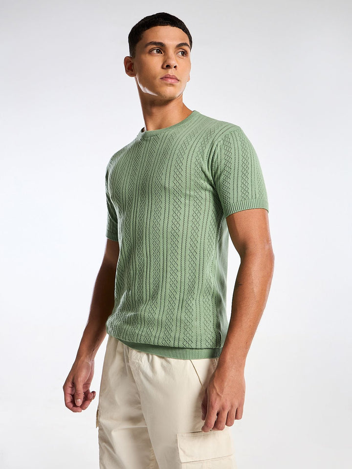 Emerald Knit Light Green Round Neck T-Shirt Mankright