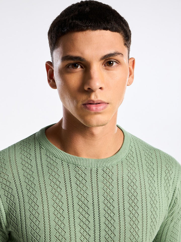 Emerald Knit Light Green Round Neck T-Shirt Mankright