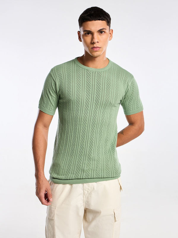 Emerald Knit Light Green Round Neck T-Shirt Mankright