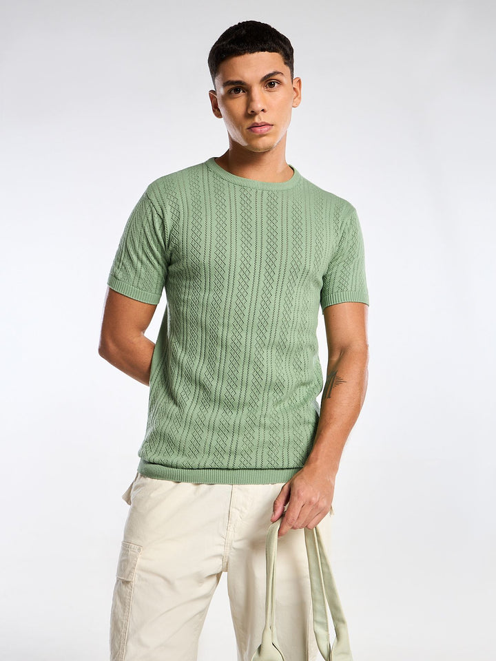 Emerald Knit Light Green Round Neck T-Shirt Mankright