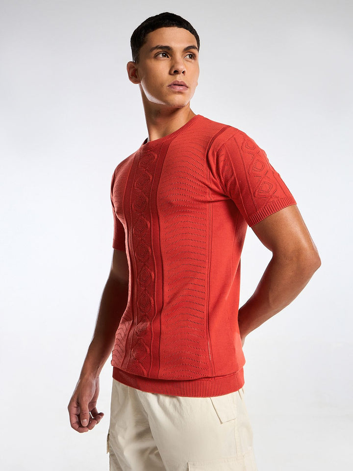 Diamond Swirl Knit Red Round Neck T-Shirt Mankright