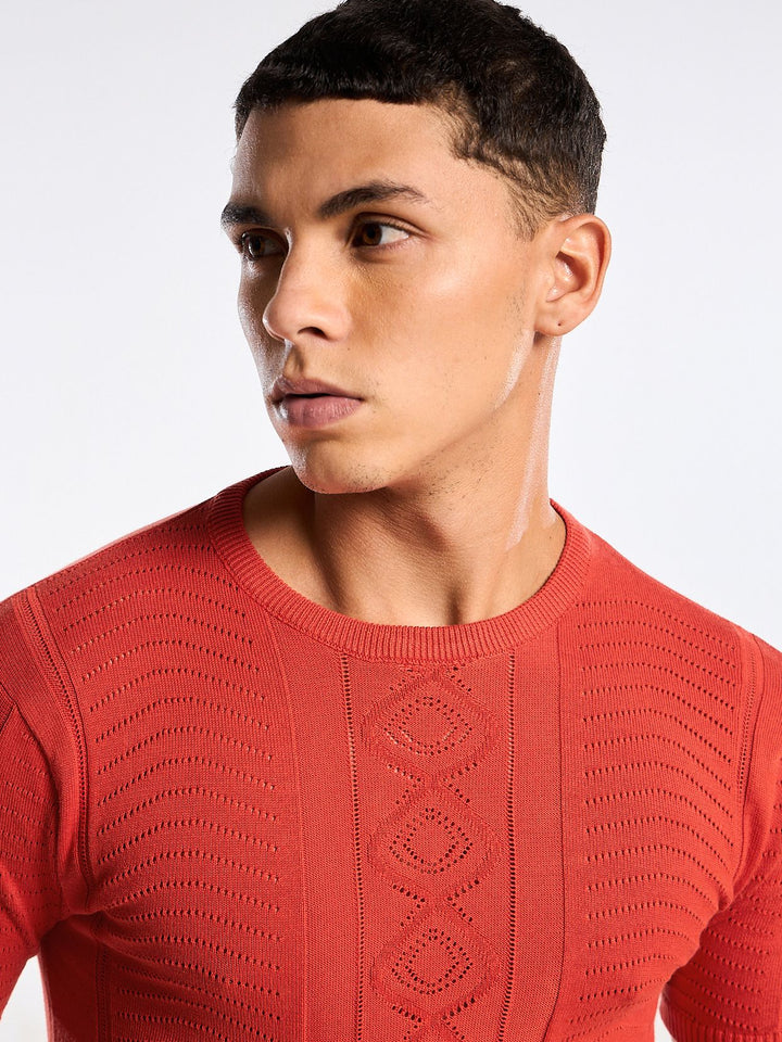 Diamond Swirl Knit Red Round Neck T-Shirt Mankright