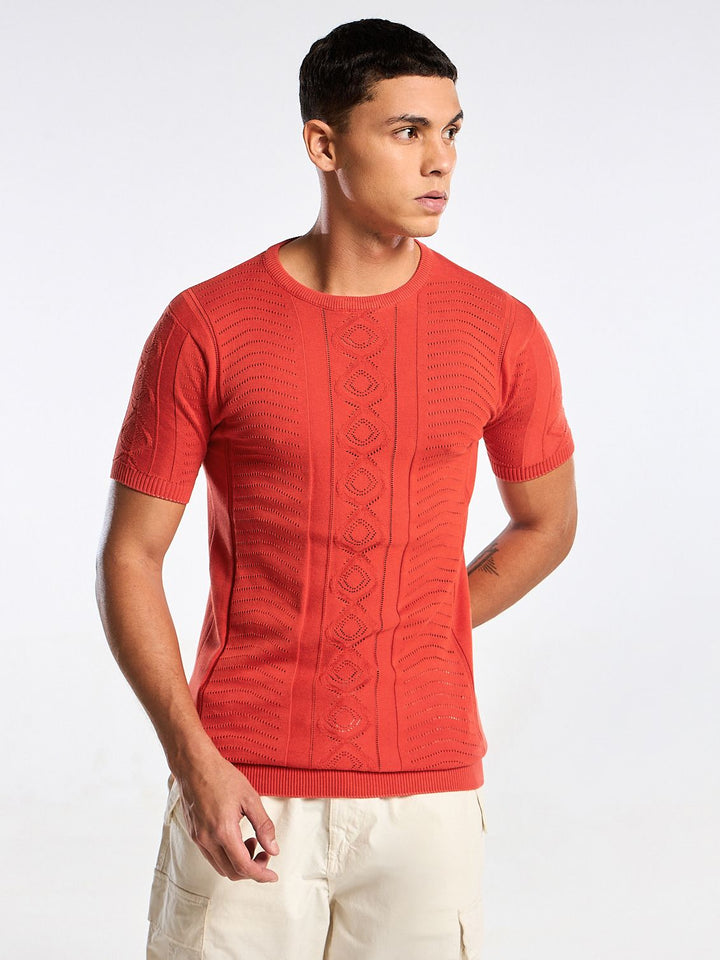 Diamond Swirl Knit Red Round Neck T-Shirt Mankright