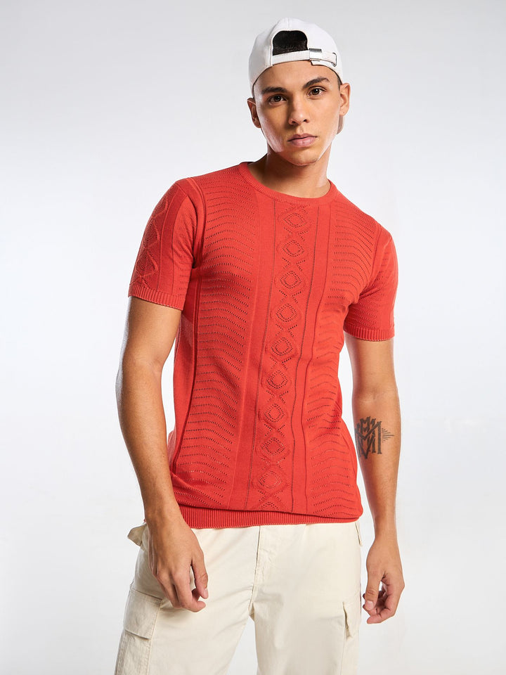 Diamond Swirl Knit Red Round Neck T-Shirt Mankright