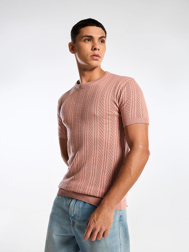 Emerald Knit Peach Round Neck T-Shirt Mankright