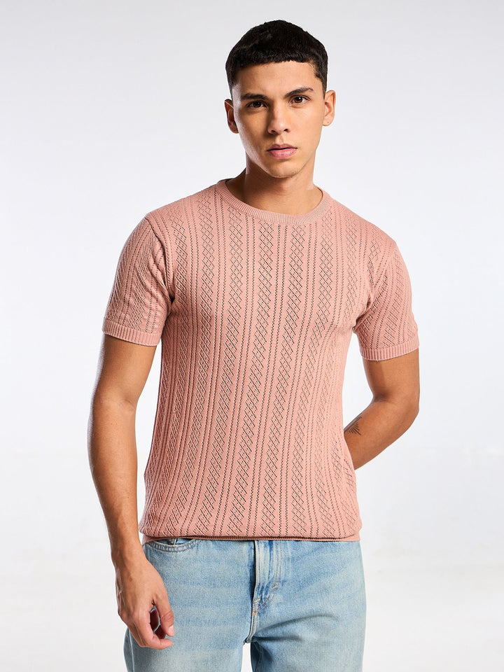 Emerald Knit Peach Round Neck T-Shirt Mankright