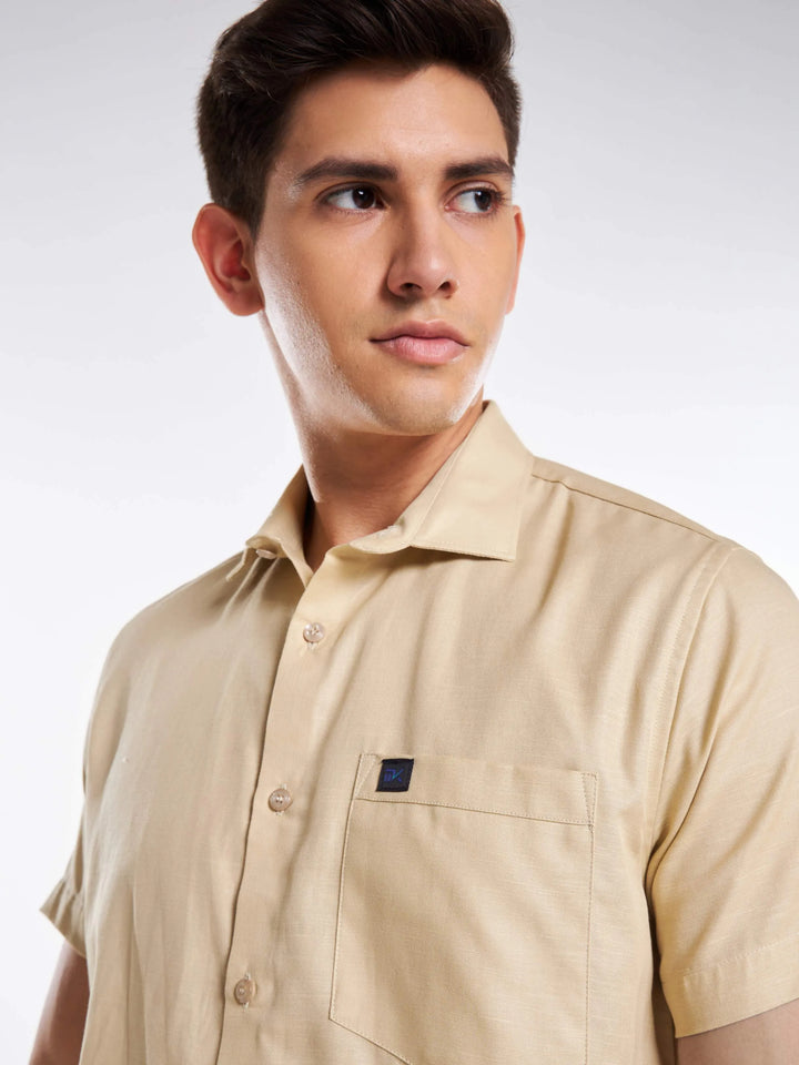 Linen Half Sleeve Classic Collar Shirt - Beige Mankright