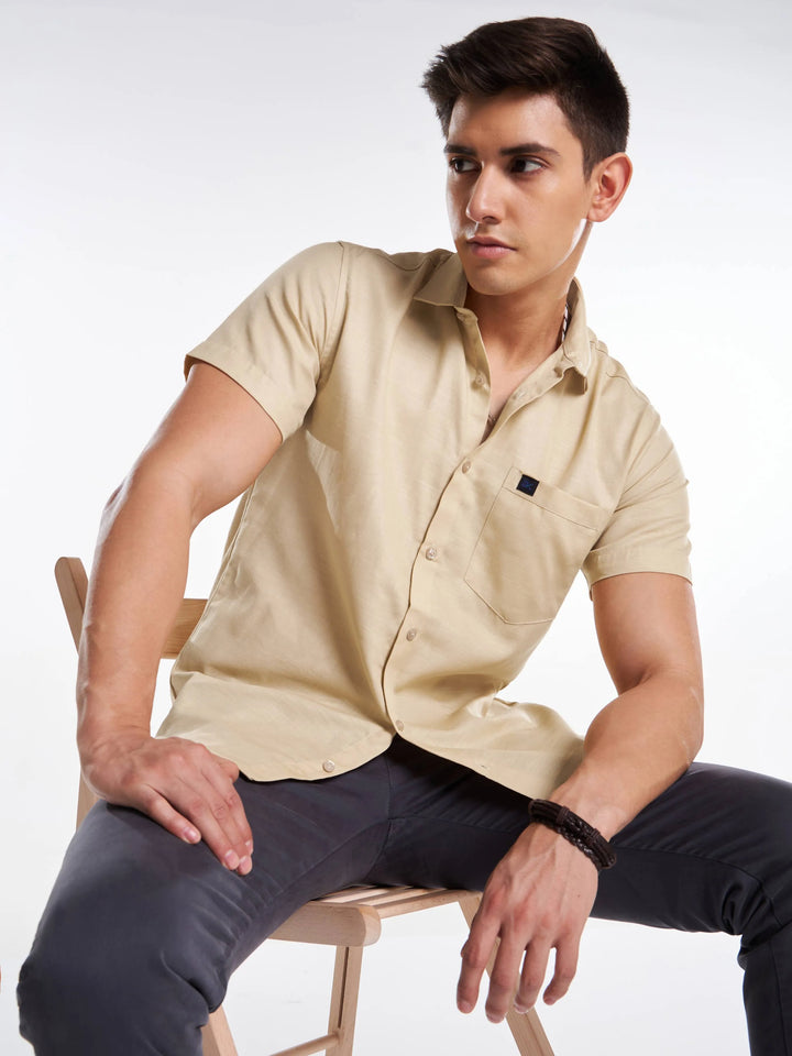 Linen Half Sleeve Classic Collar Shirt - Beige Mankright