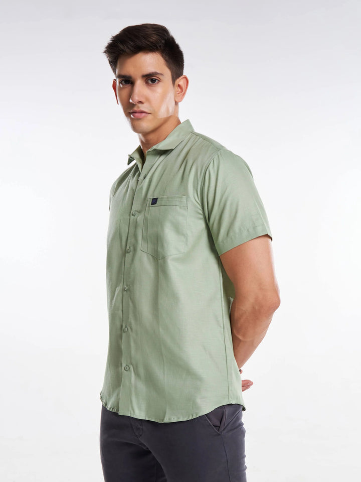 Linen Half Sleeve Classic Collar Shirt - Greenish Grey Mankright